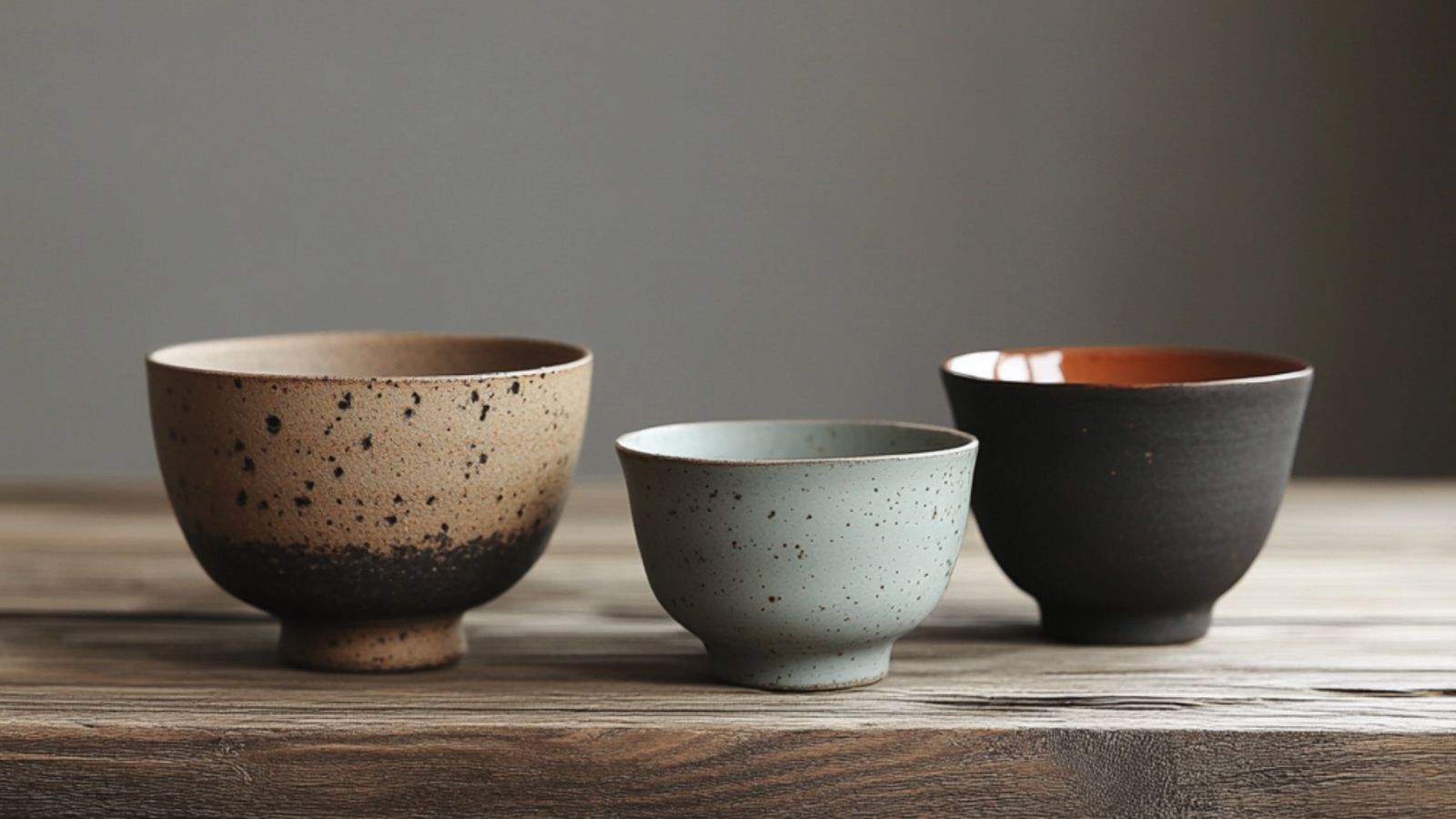 Three matcha bowls on a wooden table