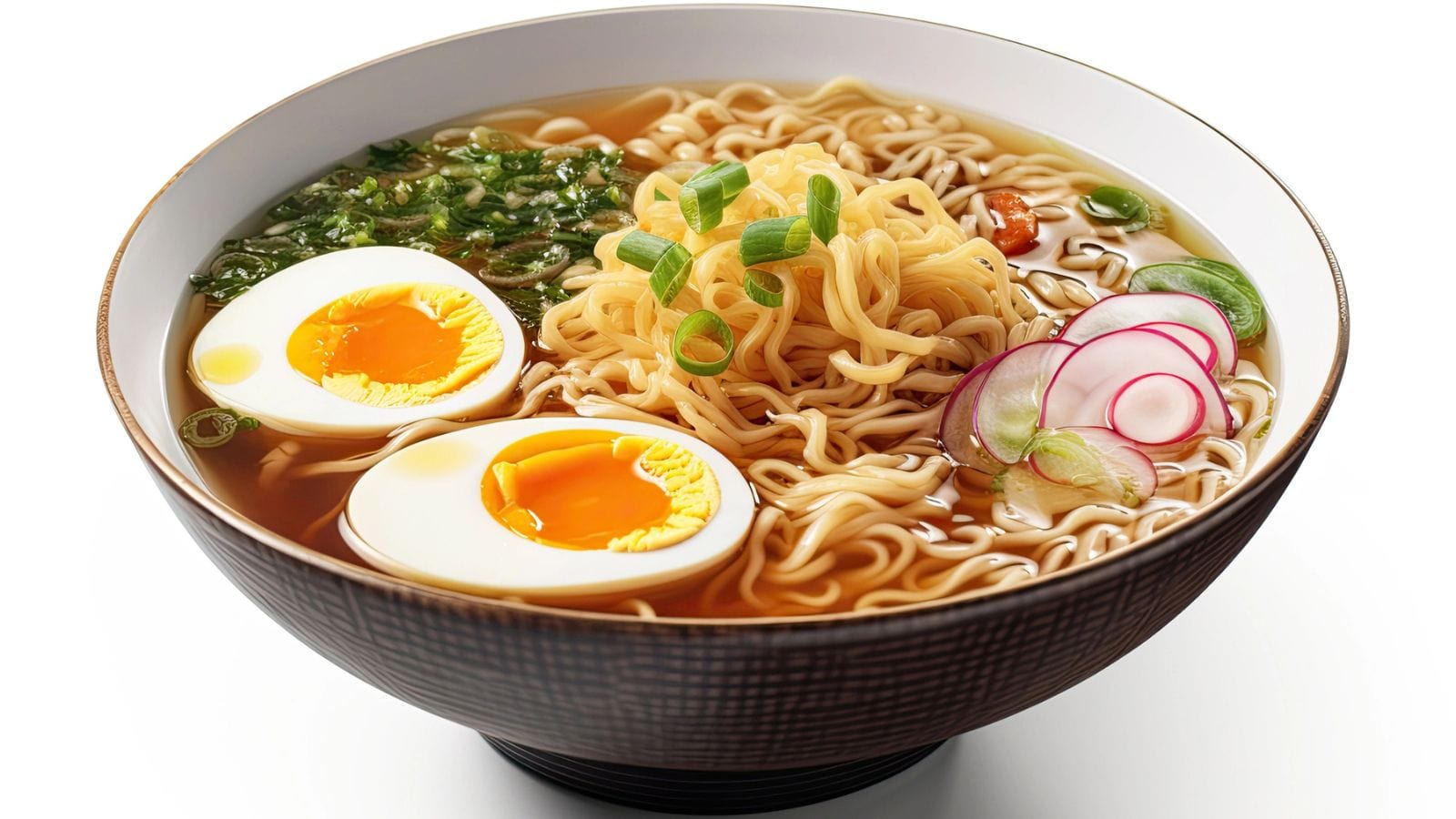 a bowl of ramen with eggs on the top