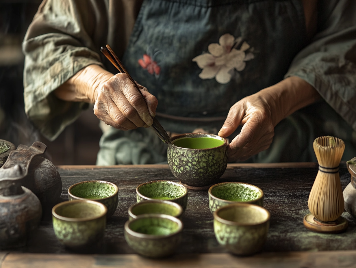 A Japanase Craftsman applying paint to matcha bowls