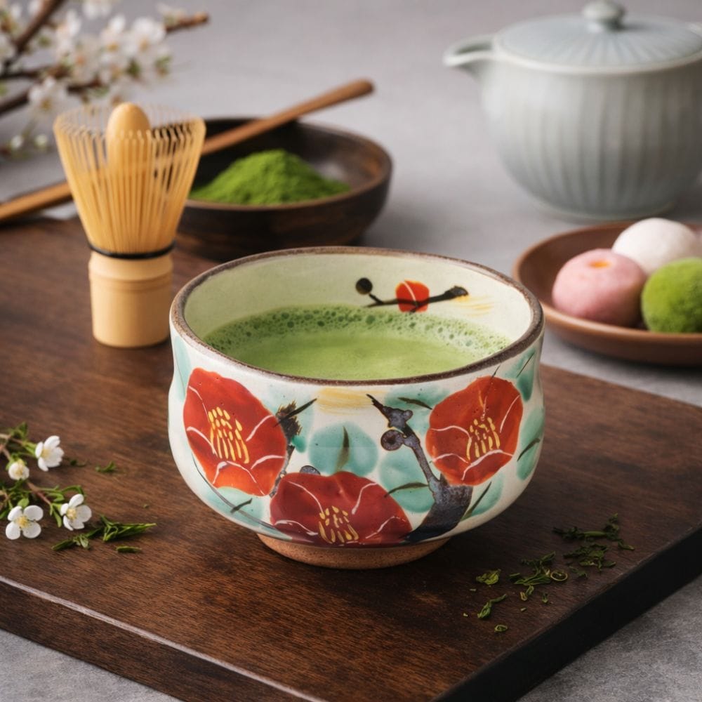 Camellia Hand Painted Mino Matcha Bowl Camellia Hand Painted Mino Matcha Bowl