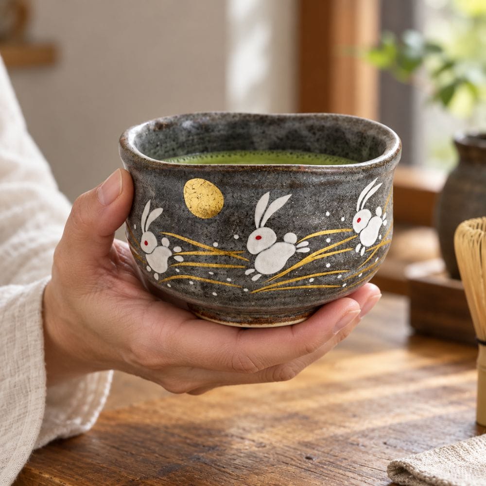 Hane Usagi Kutani Matcha Bowl by Kōzan Kiln Hane Usagi Kutani Matcha Bowl by Kōzan Kiln