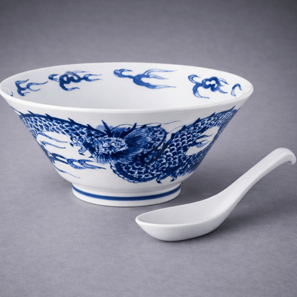 Indigo dye dragon noodle bowl with spoon Indigo dye dragon noodle bowl with spoon