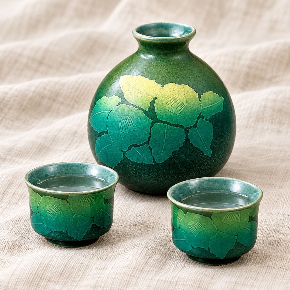 Silver Camellia Kutani Sake Set – Green Silver Camellia Kutani Sake Set – Green | My Japanese World