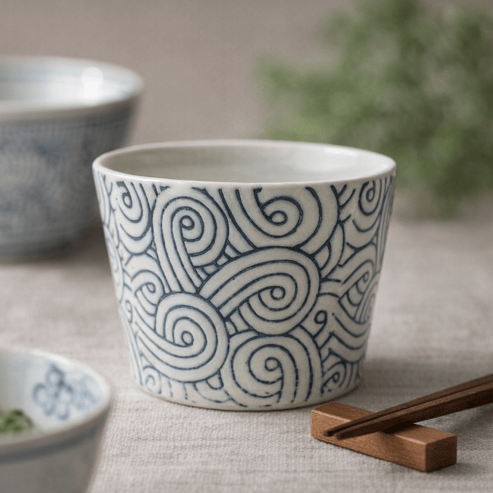Uzushio Inban Soba Choko Cup – Hasami Ceramic Soba Choko Cup with Uzushio Inban Pattern