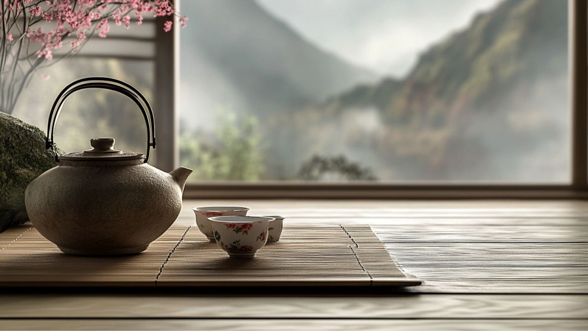 A matcha bowl in a serene japanese landscape