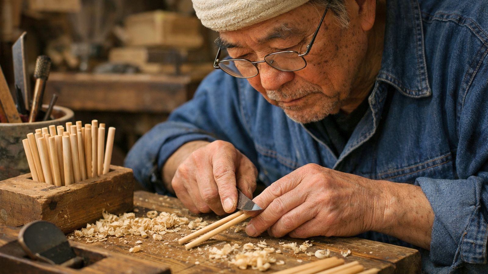 A Japanese craftsman shaping chopsticks