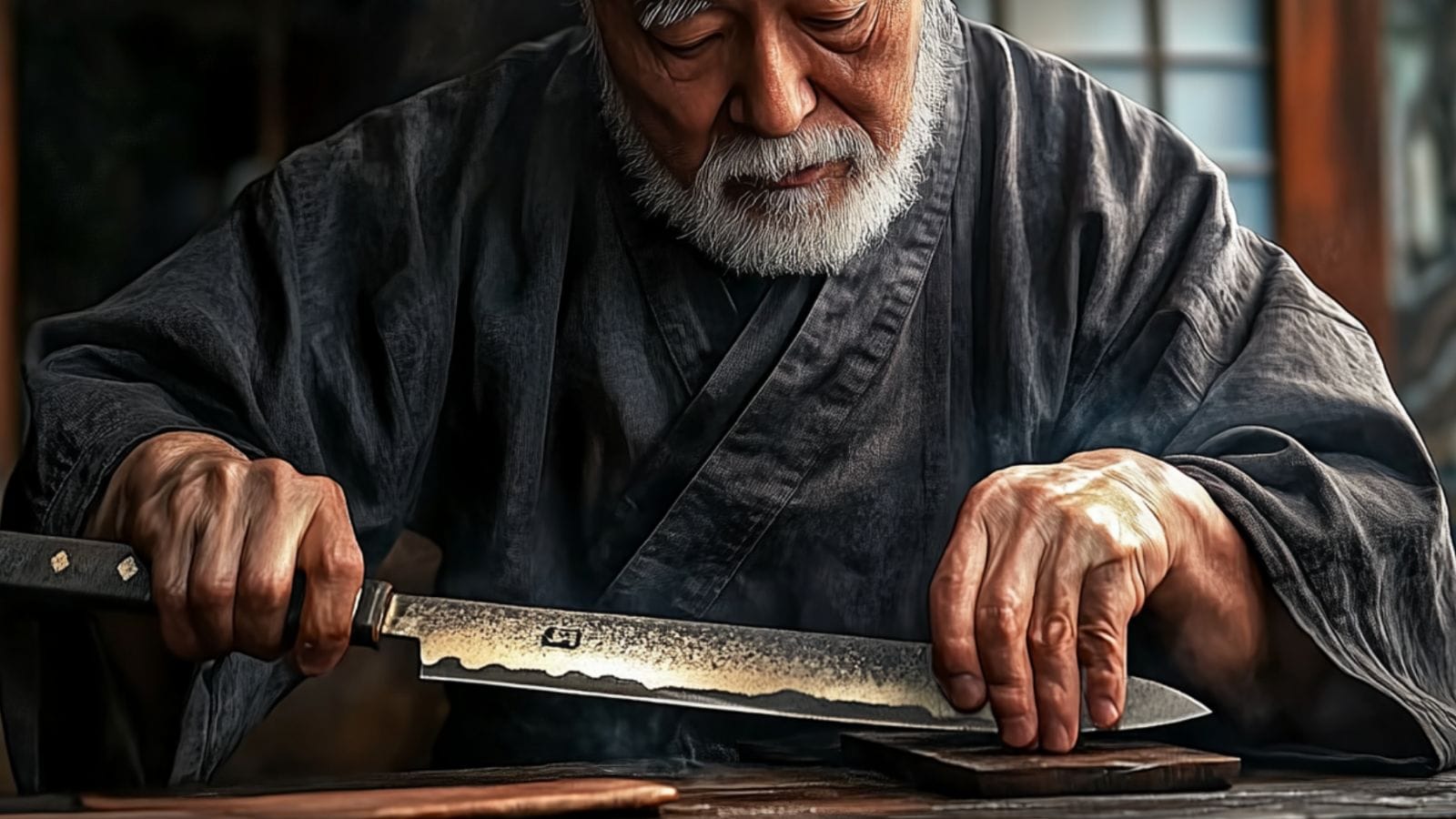 An old Japanese Craftsman sharpening a Japanese Knife