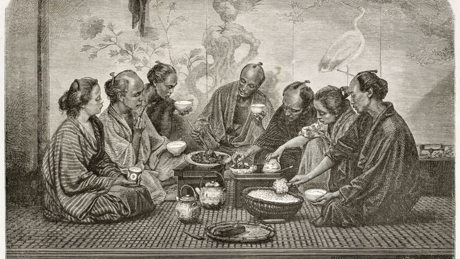 An illustration of a Japanese Family sharing tea around ceramic teapots