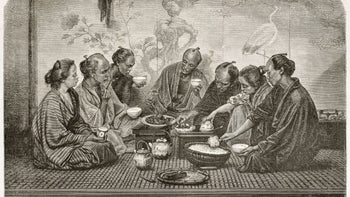 An illustration of a Japanese Family sharing tea around ceramic teapots