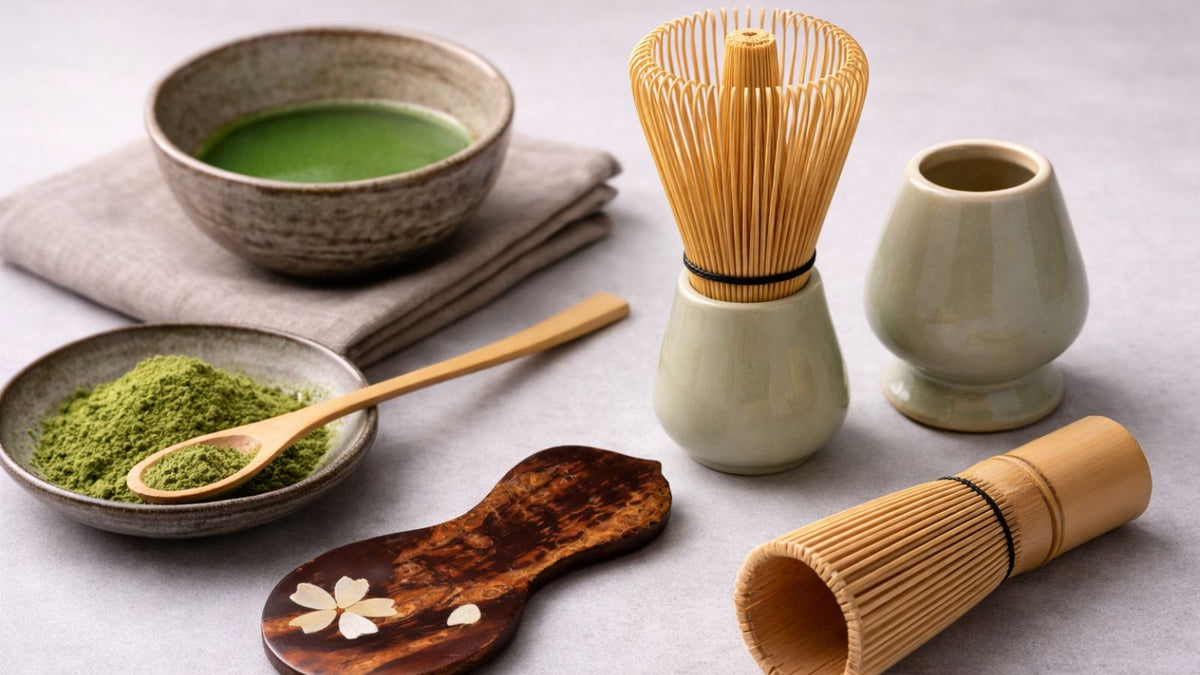 Japanese tea accessories including tea scoops and matcha whisk holders