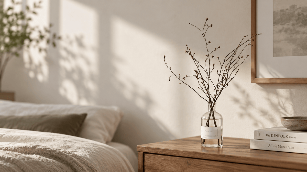 Japanese branch diffuser in a calm bedroom interior