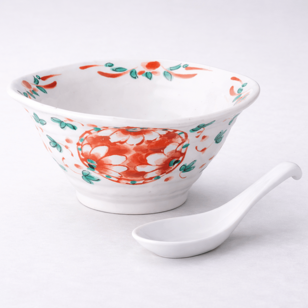 Akae Marumon handmade noodle bowl with spoon Akae Marumon handmade noodle bowl with spoon