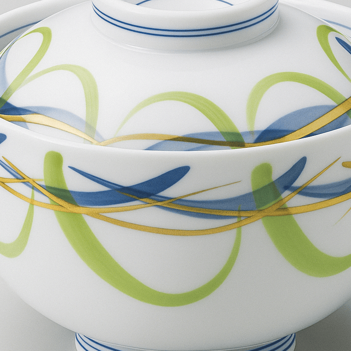 Blue & Green Ribbon Donburi Bowl with Lid Blue & Green Ribbon Donburi Bowl with Lid