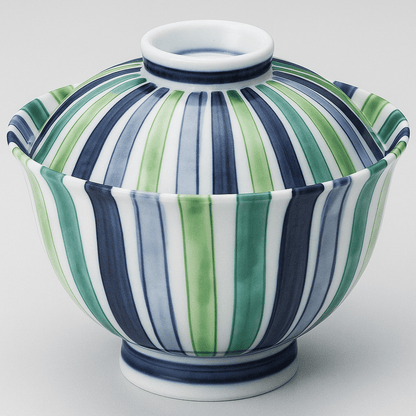 Blue & Green Stripe Donburi Bowl with Lid Blue & Green Stripe Donburi Bowl with Lid