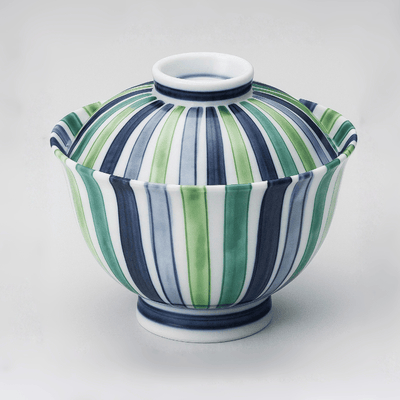 Blue & Green Stripe Donburi Bowl with Lid Blue & Green Stripe Donburi Bowl with Lid