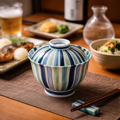 Blue & Green Stripe Donburi Bowl with Lid Blue & Green Stripe Donburi Bowl with Lid