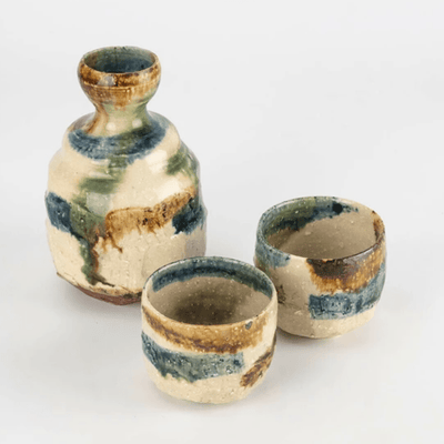 Handmade Mingei Oribe Sake Set Handmade Mingei Oribe Sake Set