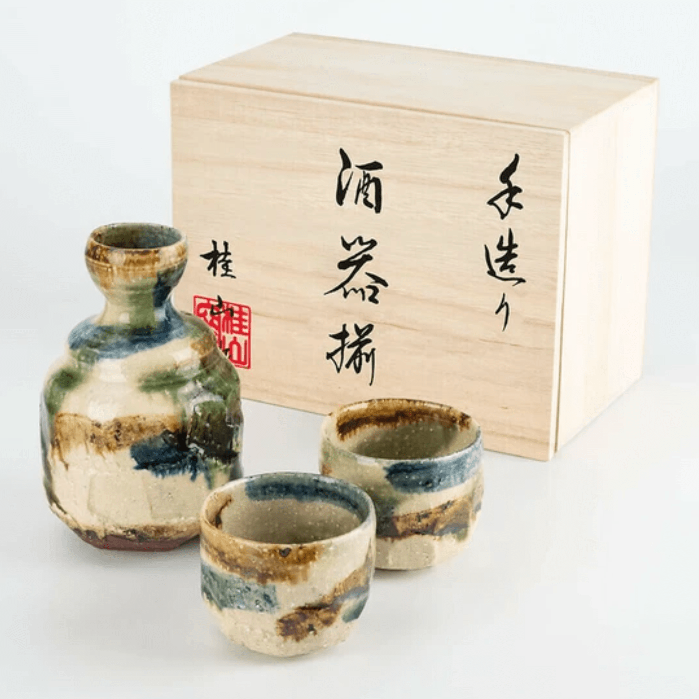 Handmade Mingei Oribe Sake Set Handmade Mingei Oribe Sake Set