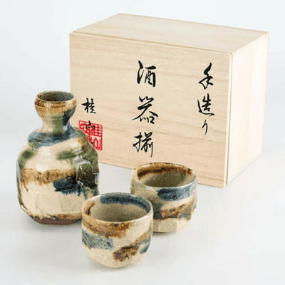 Handmade Mingei Oribe Sake Set Handmade Mingei Oribe Sake Set