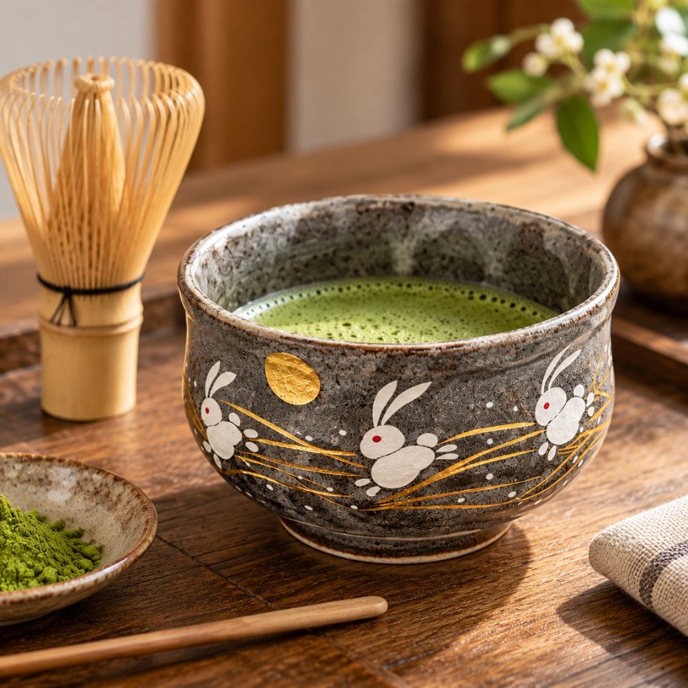 Hane Usagi Kutani Matcha Bowl by Kōzan Kiln Hane Usagi Kutani Matcha Bowl by Kōzan Kiln