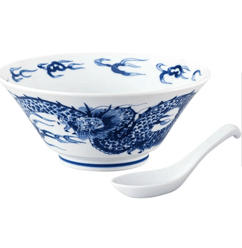 Indigo dye dragon noodle bowl with spoon Indigo dye dragon noodle bowl with spoon