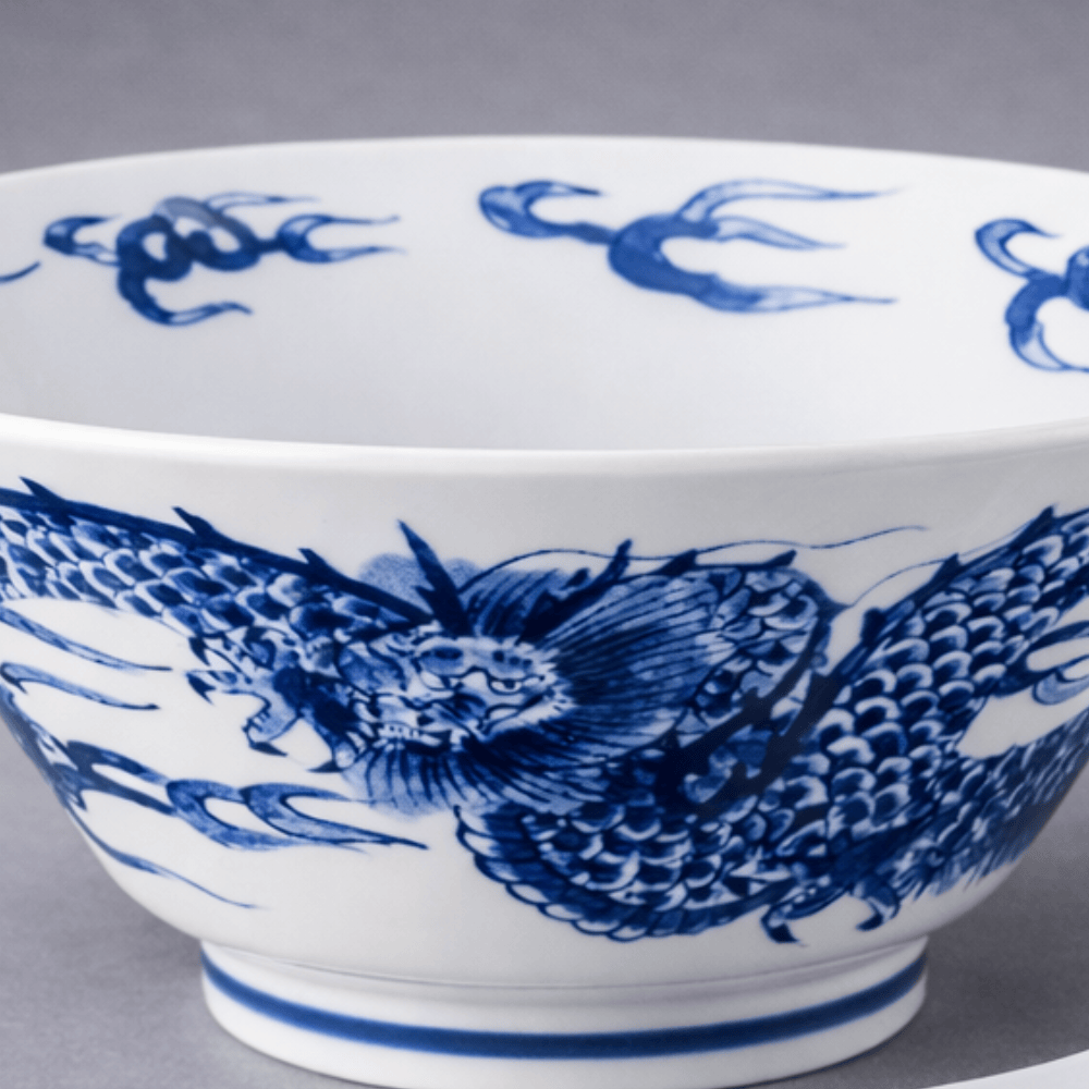 Indigo dye dragon noodle bowl with spoon Indigo dye dragon noodle bowl with spoon