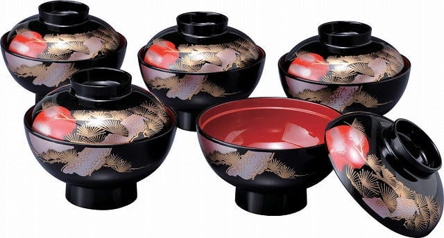 Kishū Lacquerware Pine & Crane Soup Bowl Set Kishū Lacquerware Pine & Crane Soup Bowl Set