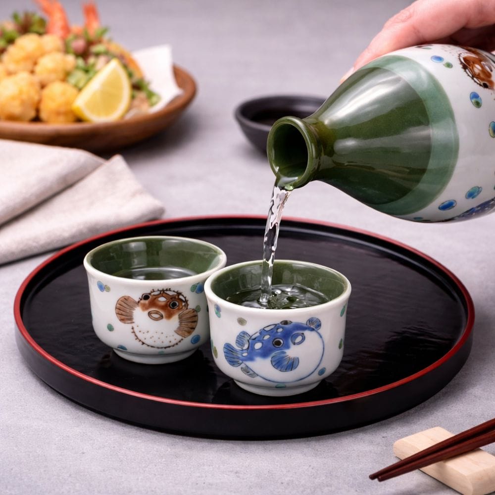 Kutani Fugu Sake Set [1 Bottle, 2 Cups, 1 Tray] Kutani Fugu Sake Set [1 Bottle, 2 Cups, 1 Tray]