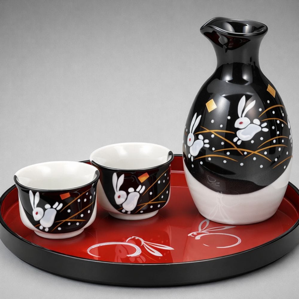Kutani Rabbits Sake Set [1 Bottle, 2 Cups, 1 Tray] Kutani Rabbits Sake Set [1 Bottle, 2 Cups, 1 Tray]