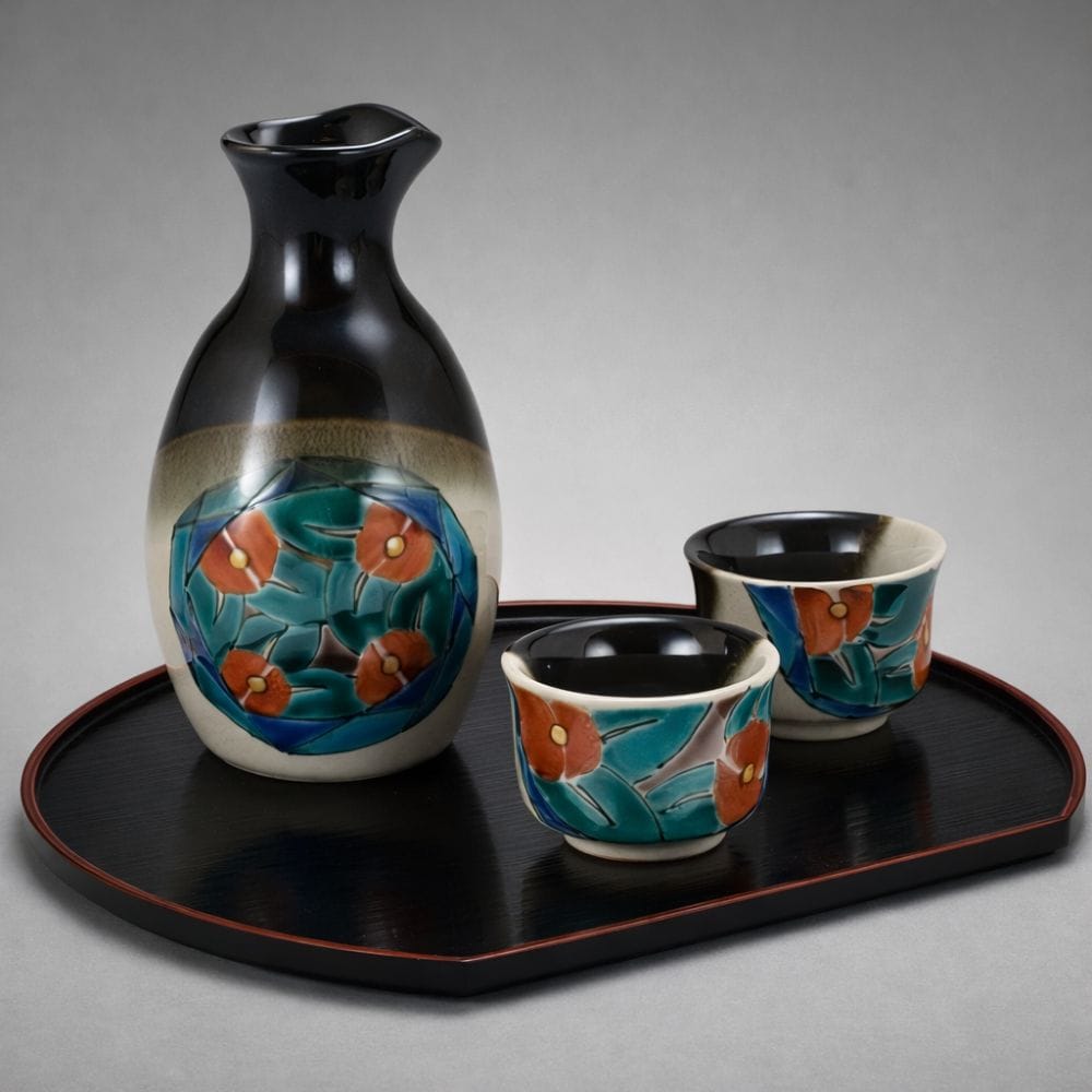 Kutani Red Camelia Sake Set Kutani Red Camelia Sake Set