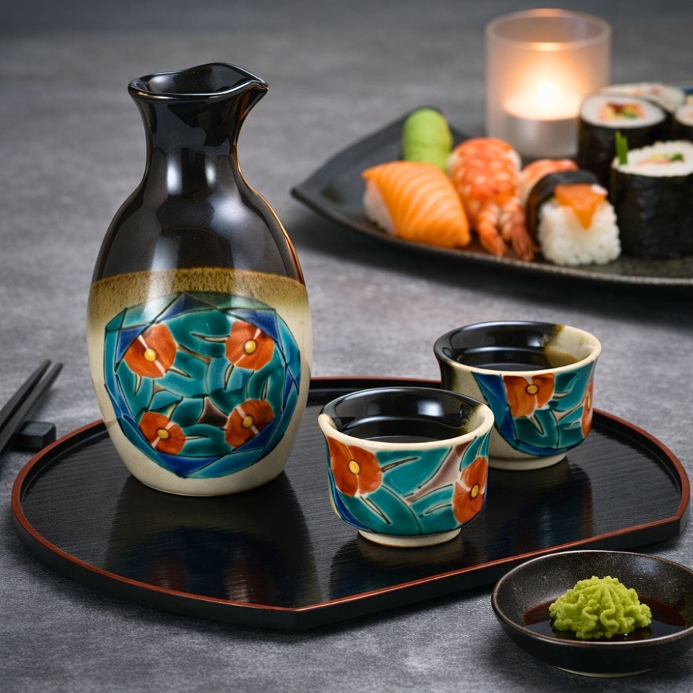 Kutani Red Camelia Sake Set Kutani Red Camelia Sake Set
