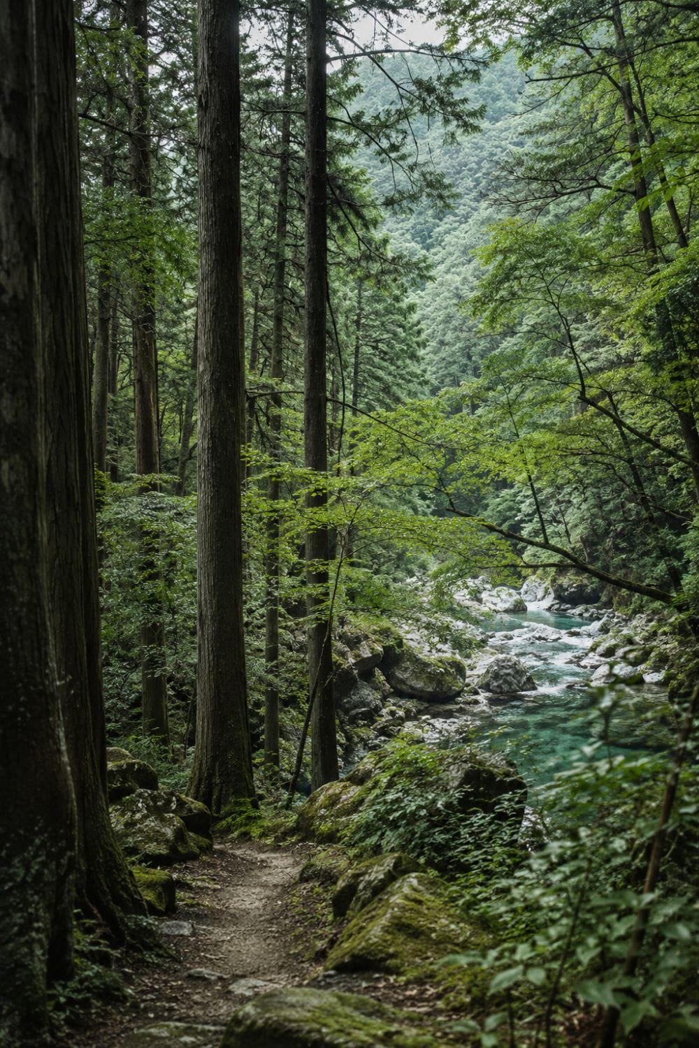 A quiet forest path beside a river in Odai, Japan