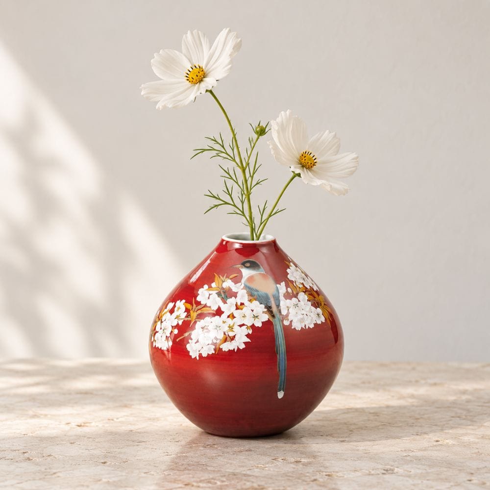 Mountain Cherry Blossom & Bird Kutani Vase – Red Red Cherry Blossom & Bird Kutani Vase | My Japanese World