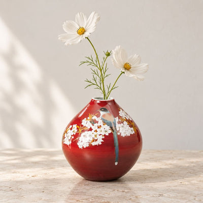 Mountain Cherry Blossom & Bird Kutani Vase – Red Red Cherry Blossom & Bird Kutani Vase | My Japanese World