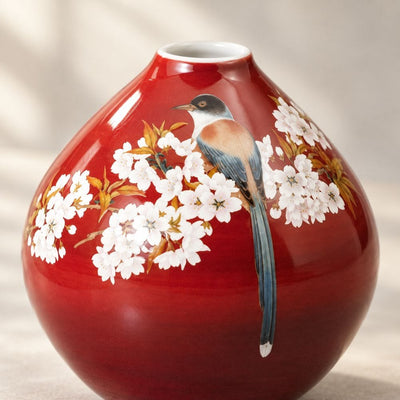 Mountain Cherry Blossom & Bird Kutani Vase – Red Red Cherry Blossom & Bird Kutani Vase | My Japanese World