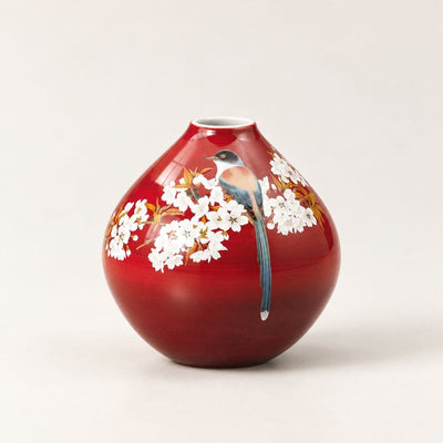 Mountain Cherry Blossom & Bird Kutani Vase – Red Red Cherry Blossom & Bird Kutani Vase | My Japanese World