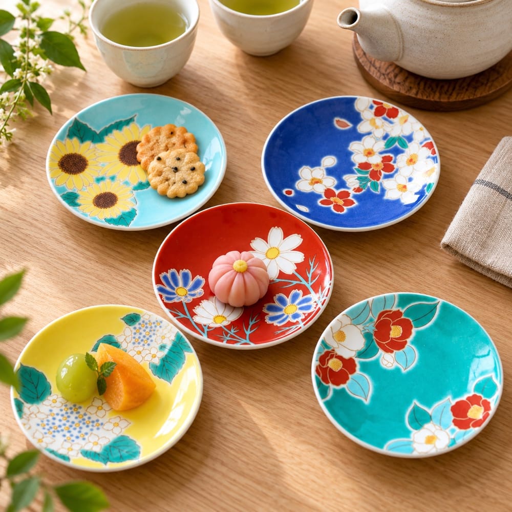 Seasonal Flowers Kutani Small Plate Set — 5 Pieces Seasonal Flowers Kutani Plate Set of 5 | My Japanese World
