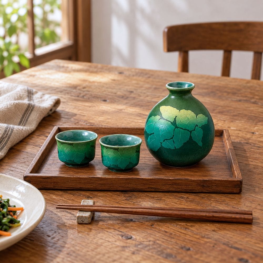 Silver Camellia Kutani Sake Set – Green Silver Camellia Kutani Sake Set – Green | My Japanese World