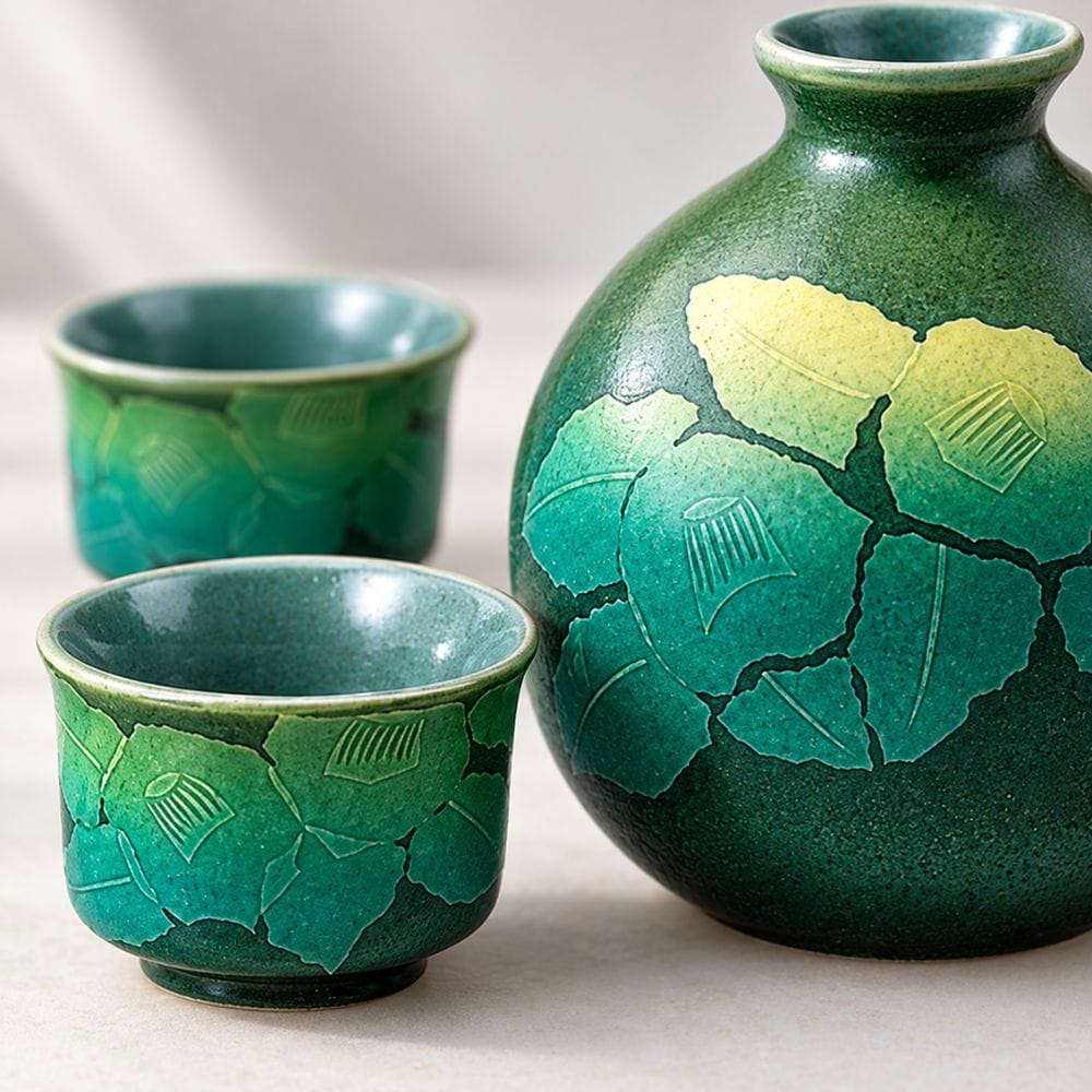 Silver Camellia Kutani Sake Set – Green Silver Camellia Kutani Sake Set – Green | My Japanese World