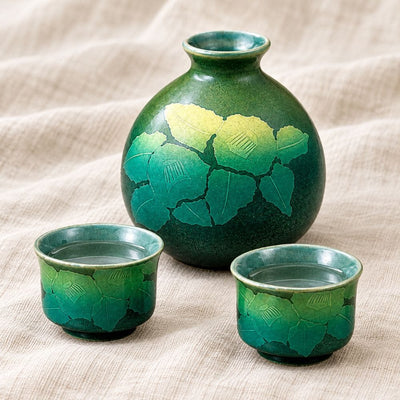 Silver Camellia Kutani Sake Set – Green Silver Camellia Kutani Sake Set – Green | My Japanese World