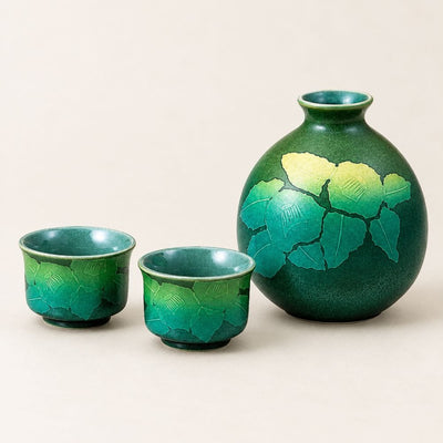Silver Camellia Kutani Sake Set – Green Silver Camellia Kutani Sake Set – Green | My Japanese World