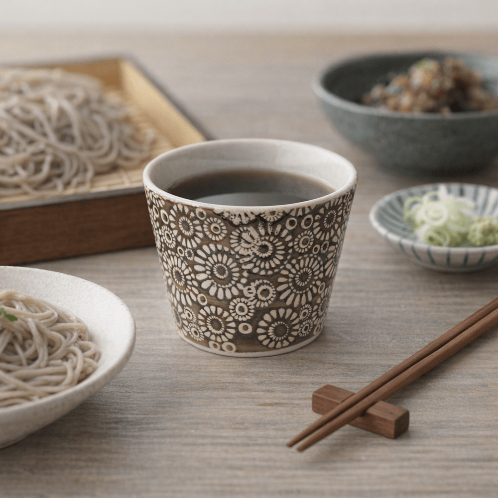 Hasami Hana Inban Pattern Soba Choko Cup Soba Choko Cup with Inban Pattern, Made in Japan