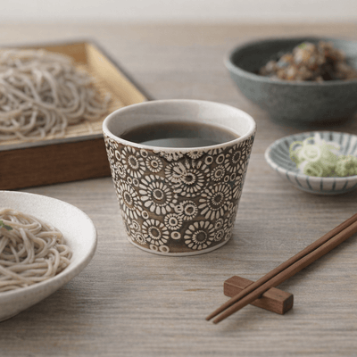Hasami Hana Inban Pattern Soba Choko Cup Soba Choko Cup with Inban Pattern, Made in Japan
