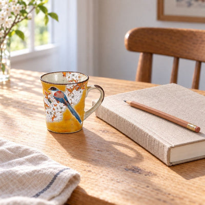 Mountain Cherry Blossom & Bird Kutani Mug – Yellow Yellow Cherry Blossom & Bird Kutani Mug | My Japanese World