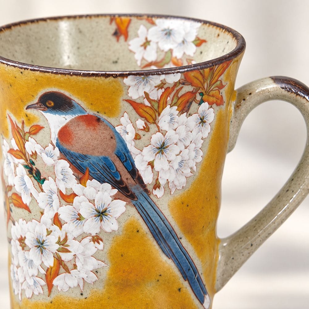 Mountain Cherry Blossom & Bird Kutani Mug – Yellow Yellow Cherry Blossom & Bird Kutani Mug | My Japanese World