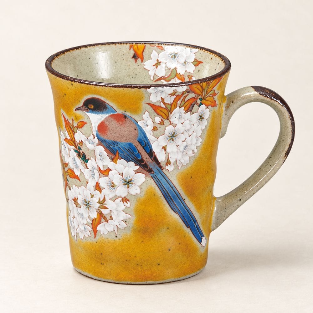 Mountain Cherry Blossom & Bird Kutani Mug – Yellow Yellow Cherry Blossom & Bird Kutani Mug | My Japanese World
